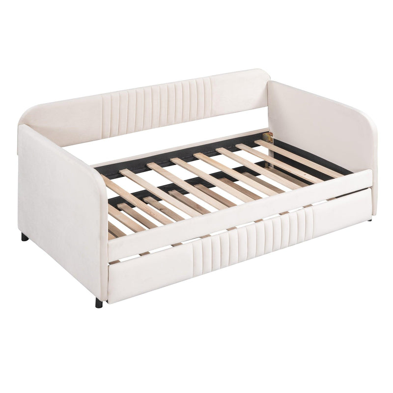 Upholstered Daybed Sofa Bed Twin Size With Trundle Bed and Wood Slat ,Beige