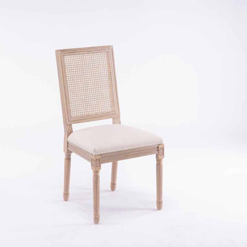 French Style Solid Wood Frame Linen Fabric Antique Painting Rattan Back Dining Chair ,Seat of 2,Cream
