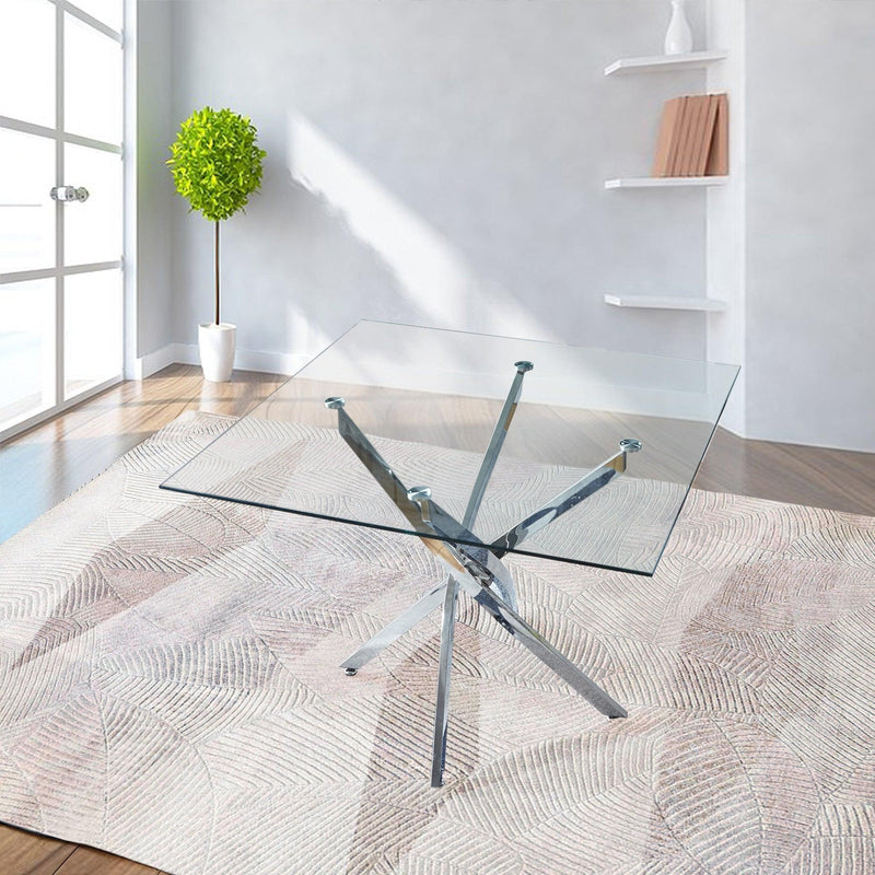 Contemporary Square Clear Dining Tempered Glass Table with Silver Finish Stainless Steel Legs
