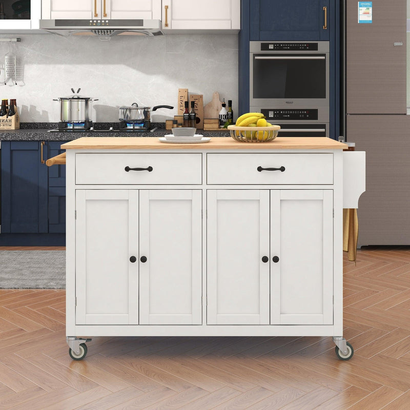 Kitchen Island Cart with Solid Wood Top and Locking Wheels，54.3 Inch Width，4 Door Cabinet and Two Drawers，Spice Rack, Towel Rack （White） - Urban Living Furniture (Los Angeles, CA)