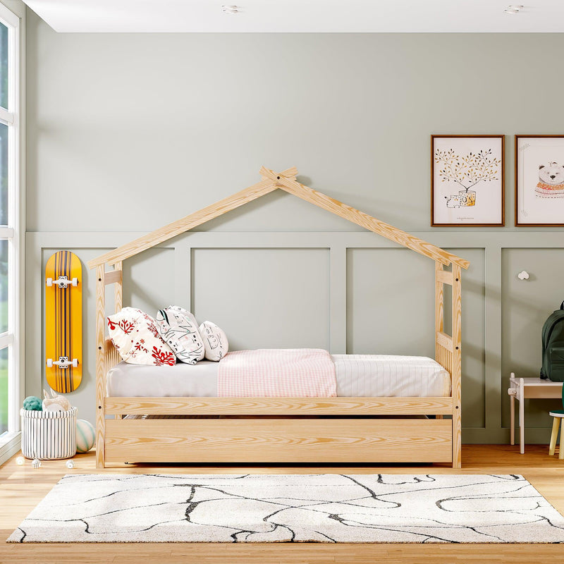 Twin Size Wooden House Bed with Twin Size Trundle, Natural - Urban Living Furniture (Los Angeles, CA)