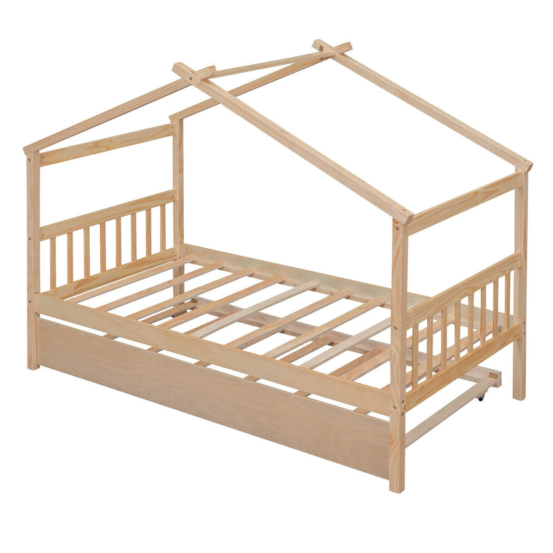 Twin Size Wooden House Bed with Twin Size Trundle, Natural - Urban Living Furniture (Los Angeles, CA)