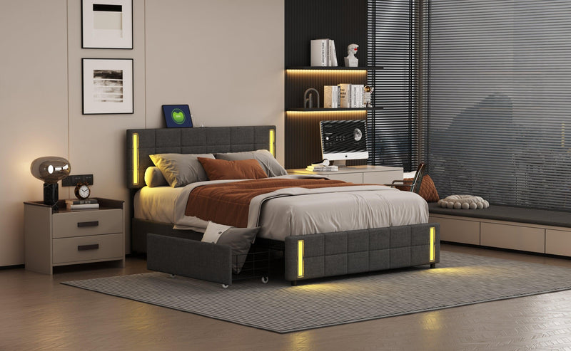 Queen Size Upholstered Platform Bed with LED Lights and USB Charging,Storage Bed with 4 Drawers, Dark Gray - Urban Living Furniture (Los Angeles, CA)