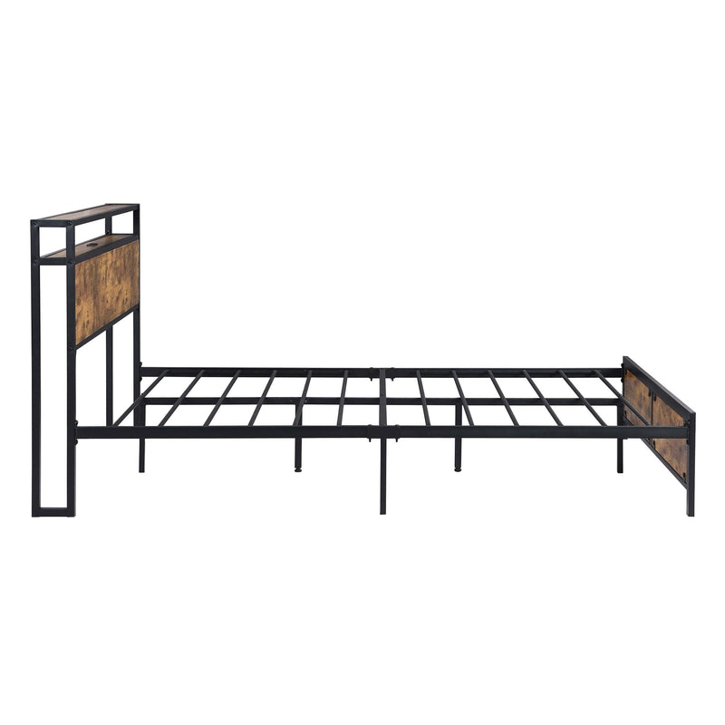 Industrial Queen Bed Frame with LED Lights and 2 USB Ports, Bed Frame Queen Size withStorage, Noise Free, No Box Spring Needed, Rustic Brown - Urban Living Furniture (Los Angeles, CA)