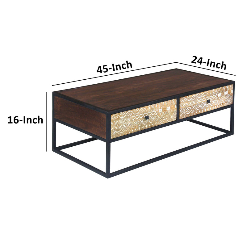 45 Inch Carson Rectangular ManWood Coffee Table with Metal Frame and 2 Drawers, Brown and Black