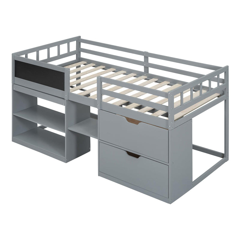 Twin Size Low Loft Bed with Rolling Desk, Shelf and Drawers - Gray - Urban Living Furniture (Los Angeles, CA)