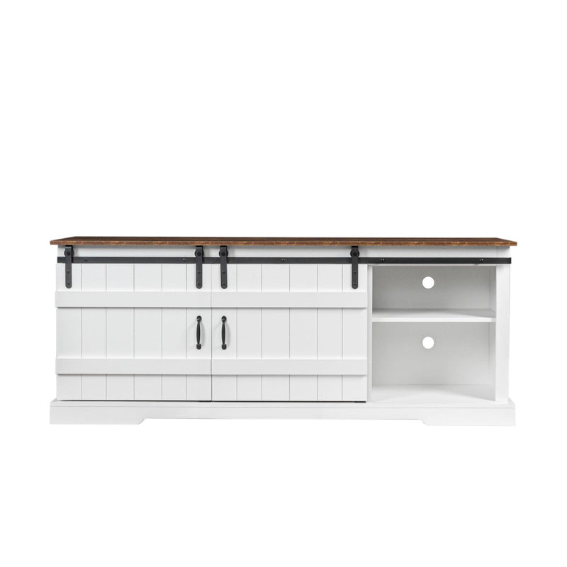 Farmhouse Sliding white Barn Door TV Stand for 80 inch TV Stands，OpenStorage Cabinet for Living Room Bedroom