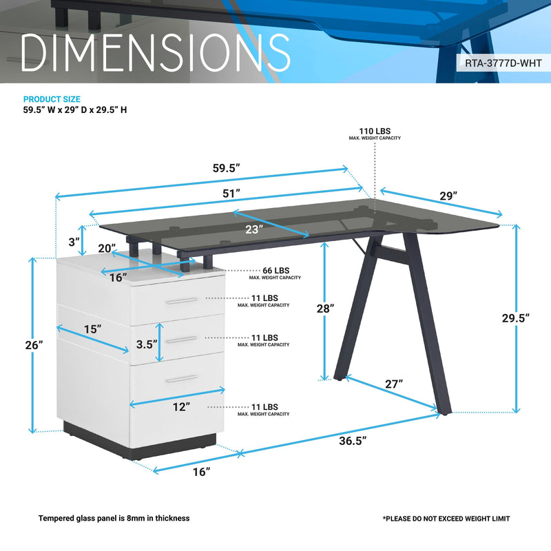 Techni MobiliModern Home Office Computer Desk with smoke tempered glass top &Storage - White - Urban Living Furniture (Los Angeles, CA)