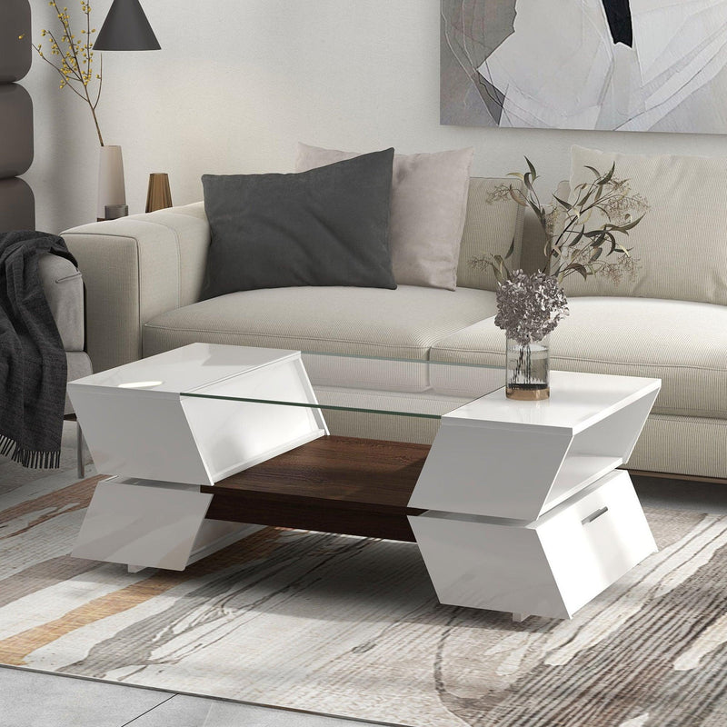 6mm Glass-Top Coffee Table with Open Shelves and Cabinets, Geometric Style Cocktail Table with GreatStorage Capacity,Modernist 2-Tier Center Table for Living Room, White - Urban Living Furniture (Los Angeles, CA)