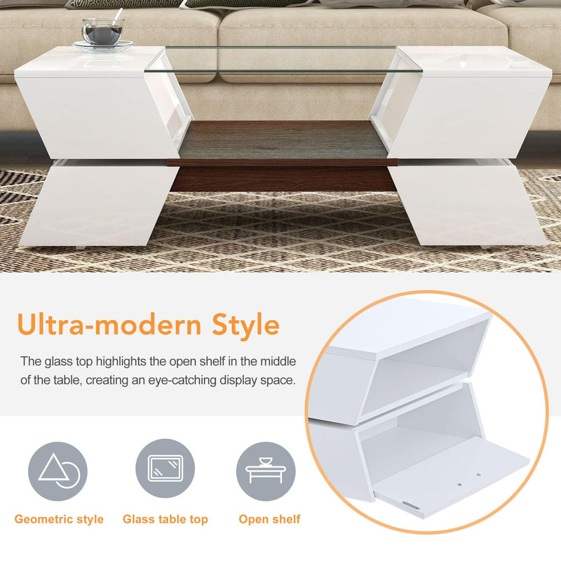 6mm Glass-Top Coffee Table with Open Shelves and Cabinets, Geometric Style Cocktail Table with GreatStorage Capacity,Modernist 2-Tier Center Table for Living Room, White