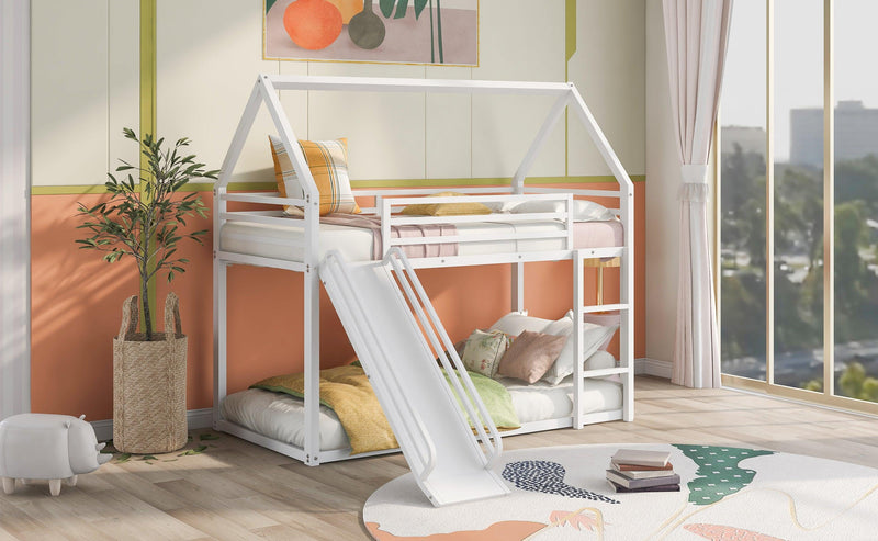 Twin over Twin House Bunk Bed with Ladder and Slide,White