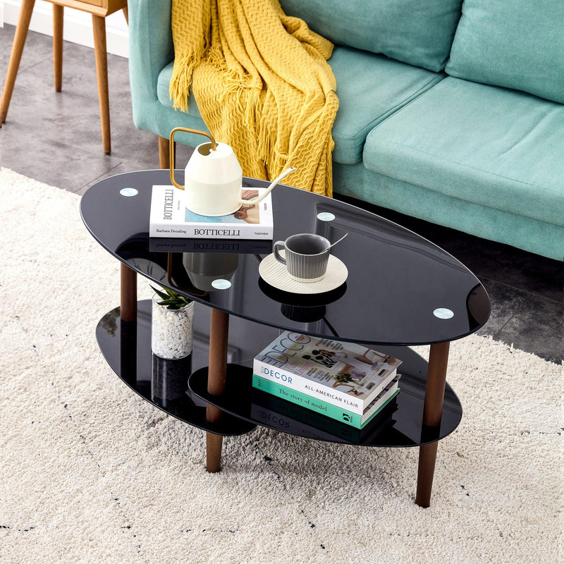 Black Oval glass coffee table,Modern table in living room Oak wood leg tea table 3-layer  glass table - Urban Living Furniture (Los Angeles, CA)