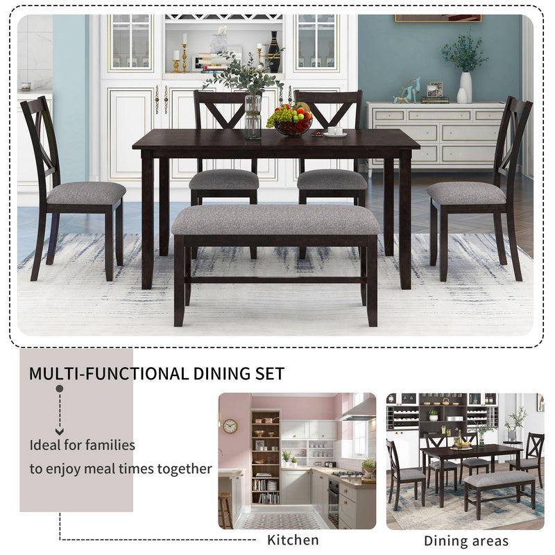 6-Piece Kitchen Dining Table Set Wooden Rectangular Dining Table, 4 Fabric Chairs and Bench Family Furniture (Espresso) - Urban Living Furniture (Los Angeles, CA)