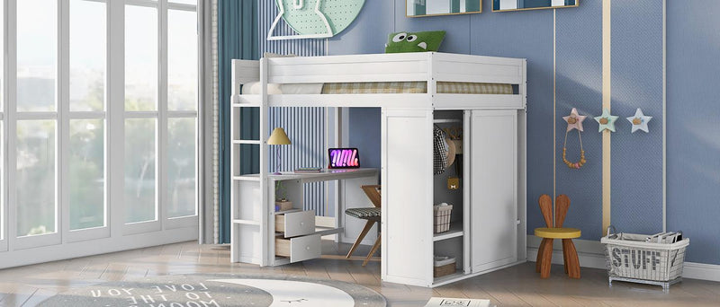 Wood Full Size Loft Bed with Wardrobes and 2-Drawer Desk with Cabinet, White - Urban Living Furniture (Los Angeles, CA)