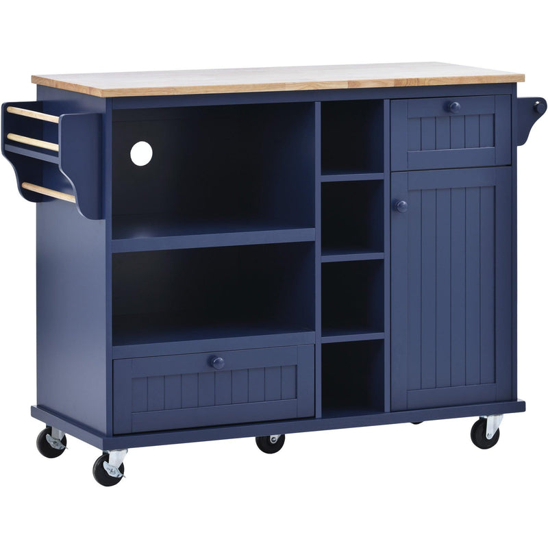 Kitchen Island Cart withStorage Cabinet and Two Locking Wheels,Solid wood desktop,Microwave cabinet,Floor Standing Buffet Server Sideboard for Kitchen Room,Dining Room,, Bathroom（Dark blue） - Urban Living Furniture (Los Angeles, CA)