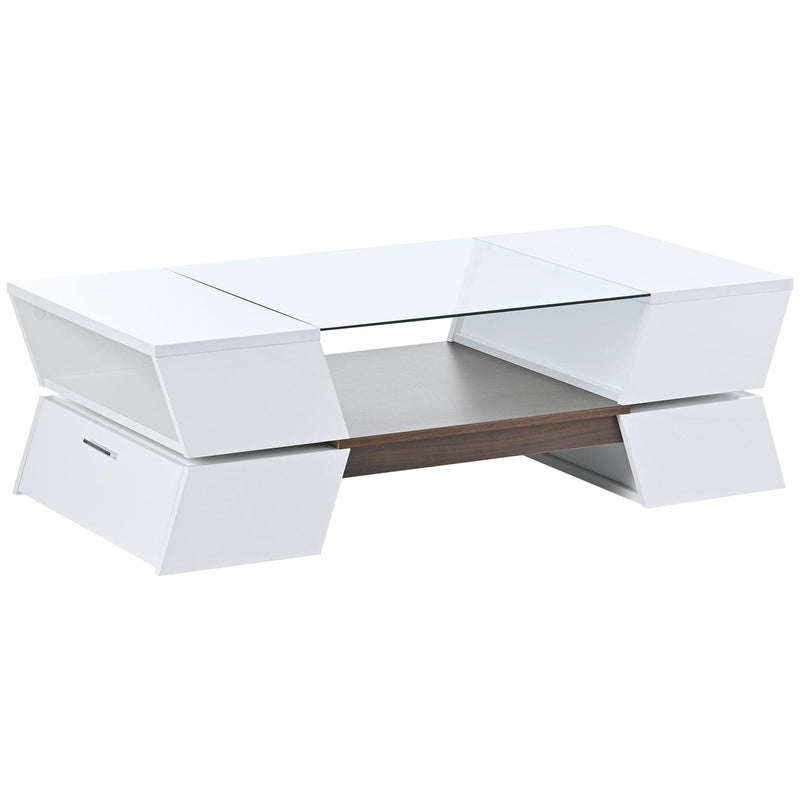 6mm Glass-Top Coffee Table with Open Shelves and Cabinets, Geometric Style Cocktail Table with GreatStorage Capacity,Modernist 2-Tier Center Table for Living Room, White - Urban Living Furniture (Los Angeles, CA)