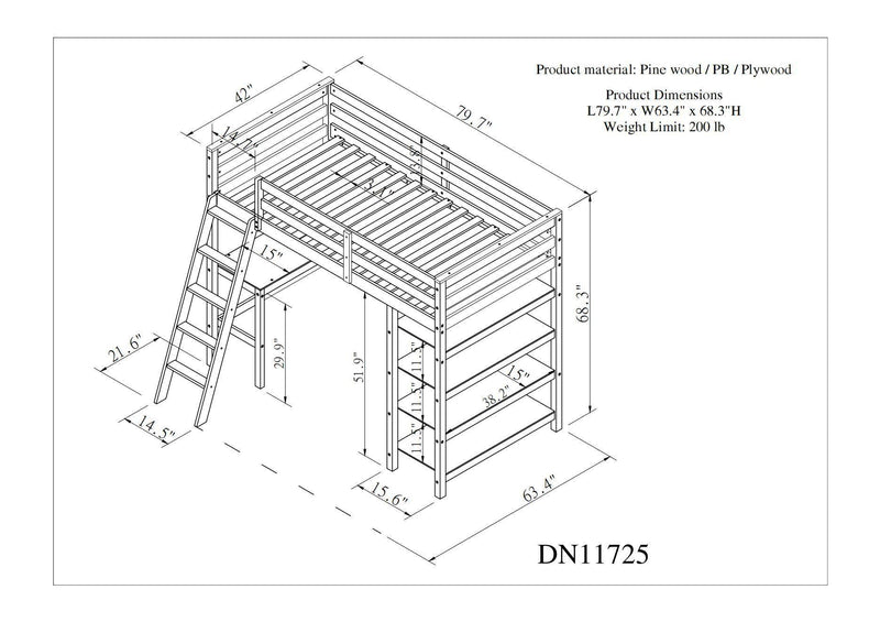 Twin Loft Bed with desk,ladder,shelves , White