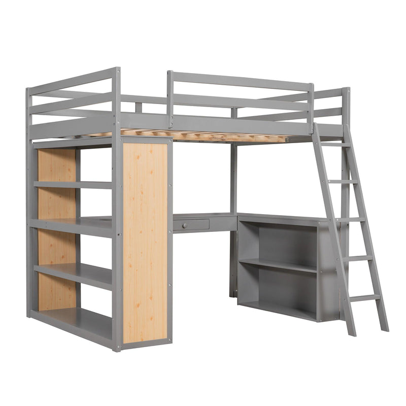 Full Size Loft Bed with Ladder, Shelves, and Desk, Gray - Urban Living Furniture (Los Angeles, CA)