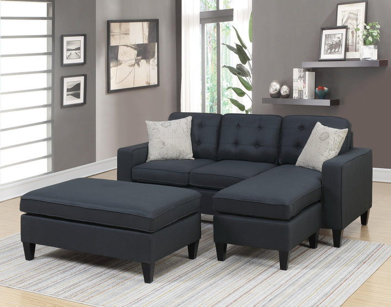 Reversible 3pc Sectional Sofa Set Black Tufted Polyfiber Wood Legs Chaise Sofa Ottoman Pillows Cushion Couch