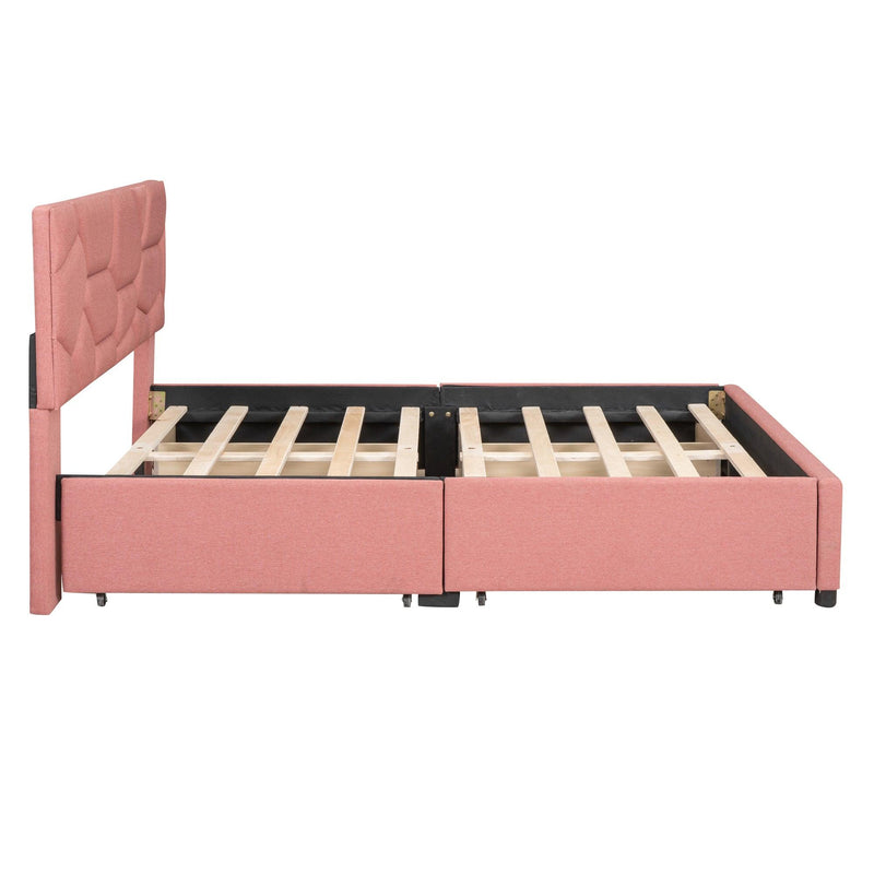 Full Size Upholstered Platform Bed with Brick Pattern Heardboard and 4 Drawers, Linen Fabric, Pink - Urban Living Furniture (Los Angeles, CA)