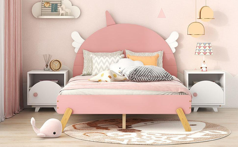 Wooden Cute Bed With Unicorn Shape Headboard,Full Size Platform Bed,Pink