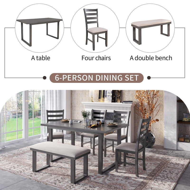 6-Pieces Family Furniture, Solid Wood Dining Room Set with Rectangular Table & 4 Chairs with Bench(Gray) - Urban Living Furniture (Los Angeles, CA)