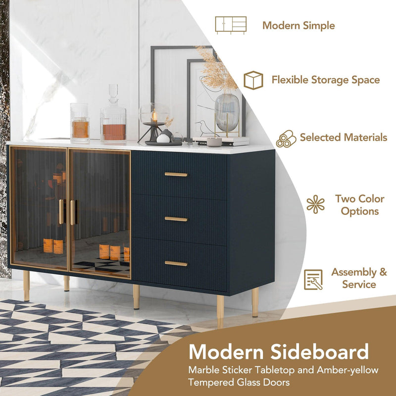 Modern Sideboard MDF Buffet Cabinet Marble Sticker Tabletop and Amber-yellow Tempered Glass Doors with Gold Metal Legs & Handles (Navy Blue) - Urban Living Furniture (Los Angeles, CA)