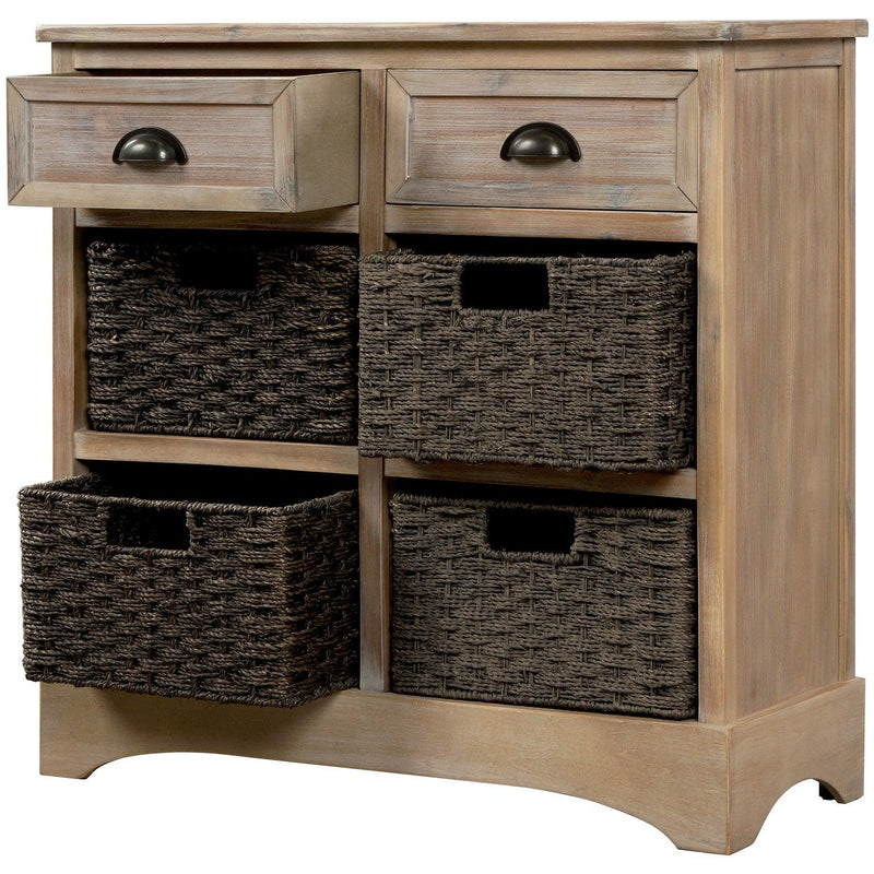 RusticStorage Cabinet with Two Drawers and Four Classic Rattan Basket for Dining Room/Living Room (White Washed)