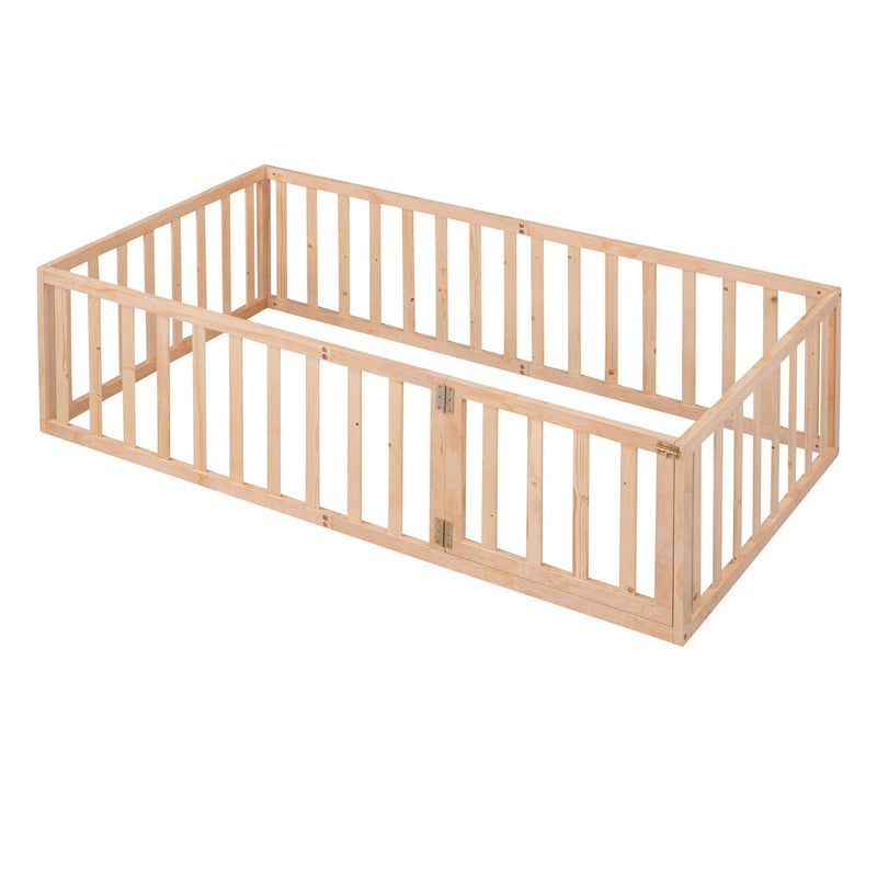 Twin Size Wood Floor Bed Frame with Fence and Door, Natural