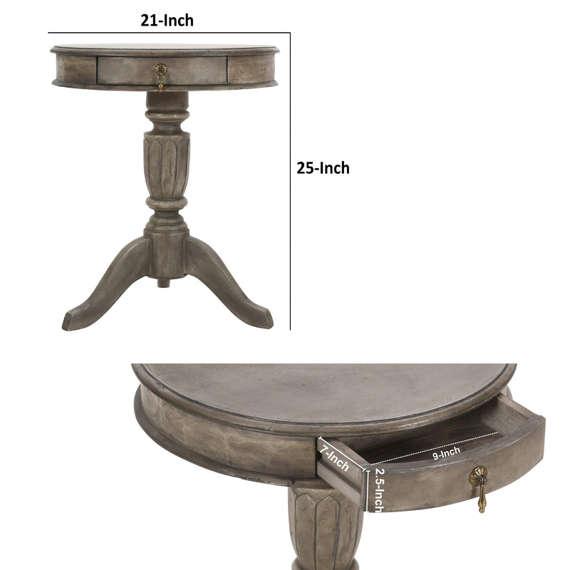 21 Inch Handcrafted ManWood Side Table with Drawer, Classic Pedestal Base and Round Top, Rustic Gray