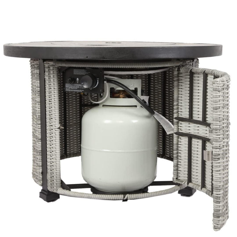 36 inch Gas Propane Fire Pit Table, 50000 BTU Round Gas Fire Table with Lid & Lava Rock, Grey Rattan & Wicker Base, Outdoor Gas Firepit Table for Outside, Yard, Patio, Party, Garden