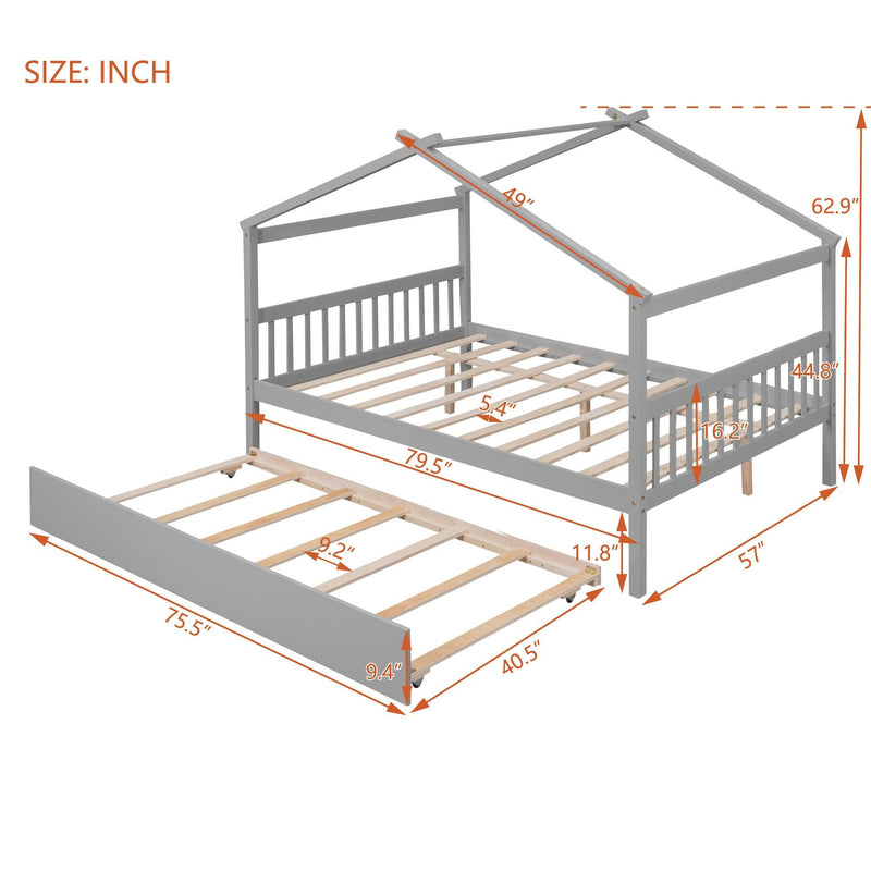 Full Size Wooden House Bed with Twin Size Trundle, Gray