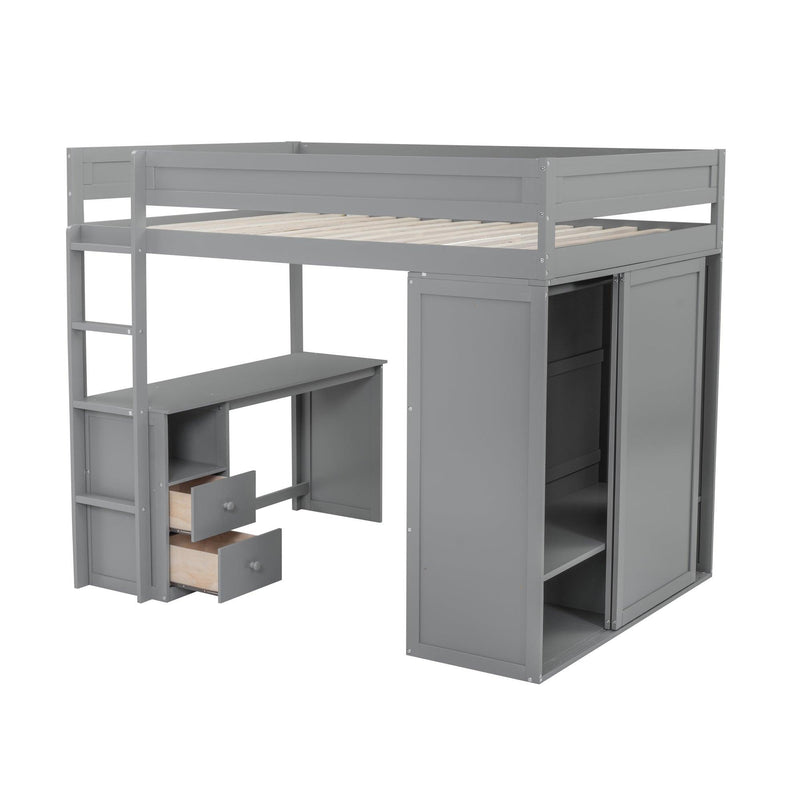 Wood Full Size Loft Bed with Wardrobes and 2-Drawer Desk with Cabinet, Gray - Urban Living Furniture (Los Angeles, CA)