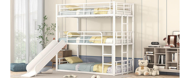 Twin Size Metal Bunk Bed with Ladders and Slide, Divided into Platform and Loft Bed, White