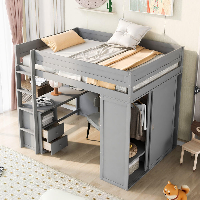 Wood Full Size Loft Bed with Wardrobes and 2-Drawer Desk with Cabinet, Gray - Urban Living Furniture (Los Angeles, CA)