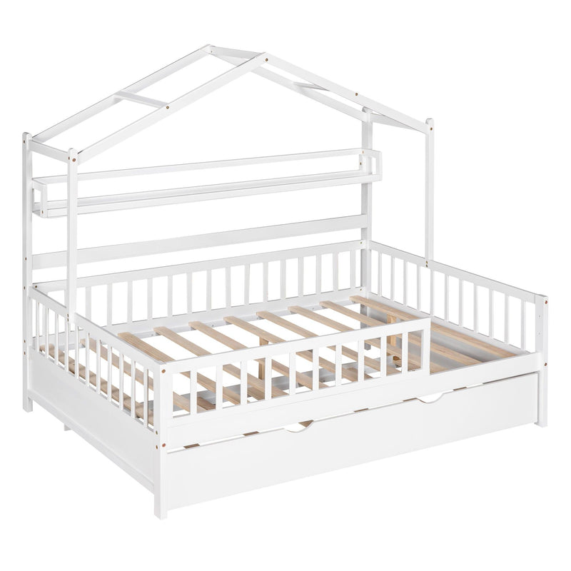 Wooden Full Size House Bed with Twin Size Trundle,Kids Bed with Shelf, White - Urban Living Furniture (Los Angeles, CA)