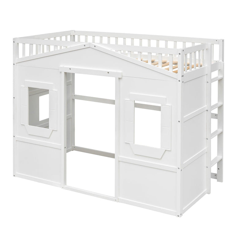 Twin Size House Loft Bed With Ladder-White