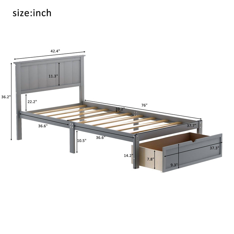 Twin Size Platform Bed with Under-bed Drawer, Gray - Urban Living Furniture (Los Angeles, CA)