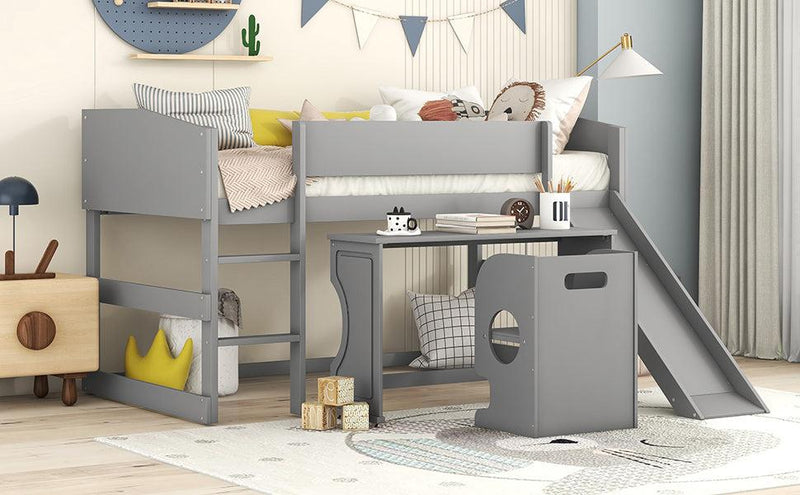 Low Study Twin Loft Bed with Rolling Portable Desk and Chair,Multiple Functions Bed- Gray - Urban Living Furniture (Los Angeles, CA)