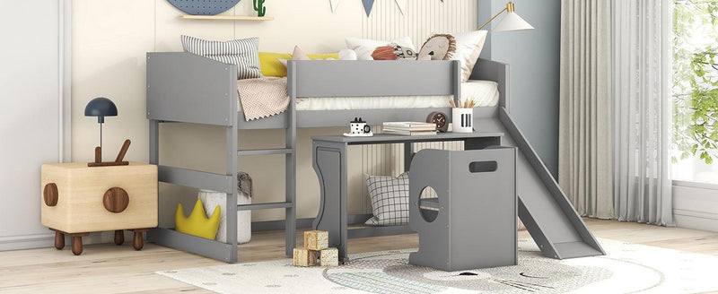 Low Study Twin Loft Bed with Rolling Portable Desk and Chair,Multiple Functions Bed- Gray - Urban Living Furniture (Los Angeles, CA)