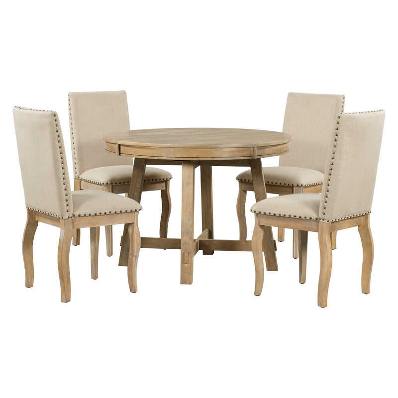 5-Piece Farmhouse Dining Table Set Wood Round Extendable Dining Table and 4 Upholstered Dining Chairs (Natural Wood Wash) - Urban Living Furniture (Los Angeles, CA)