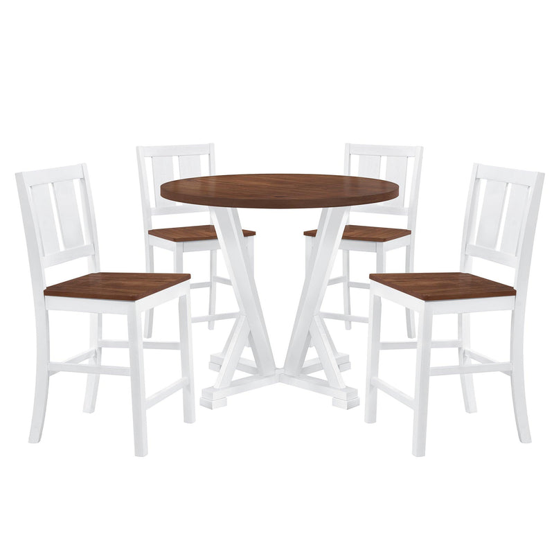 Rustic Farmhouse 5-Piece Counter Height Dining Table Set, Round Kitchen set with 4 Dining Chairs and Thick Tabletop, Brown - Urban Living Furniture (Los Angeles, CA)