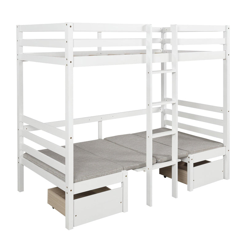 Functional Loft Bed (turn into upper bed and down desk，cushion sets are free),Twin Size,White