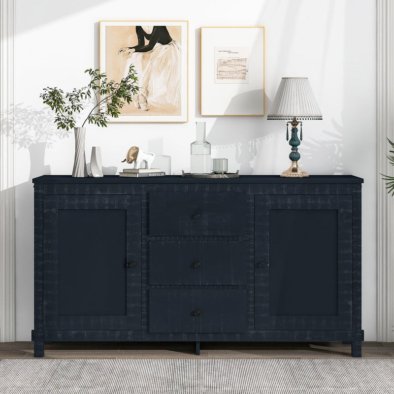 Retro Solid Wood Buffet Cabinet with 2Storage Cabinets, Adjustable Shelves and 3 Drawers for Living Room (Antique Black) - Urban Living Furniture (Los Angeles, CA)