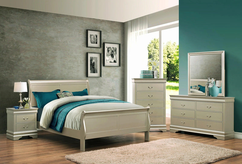 Louis Phillipe Champagne Finish Queen Size Panel Sleigh Bed Solid Wood Wooden Bedroom Furniture