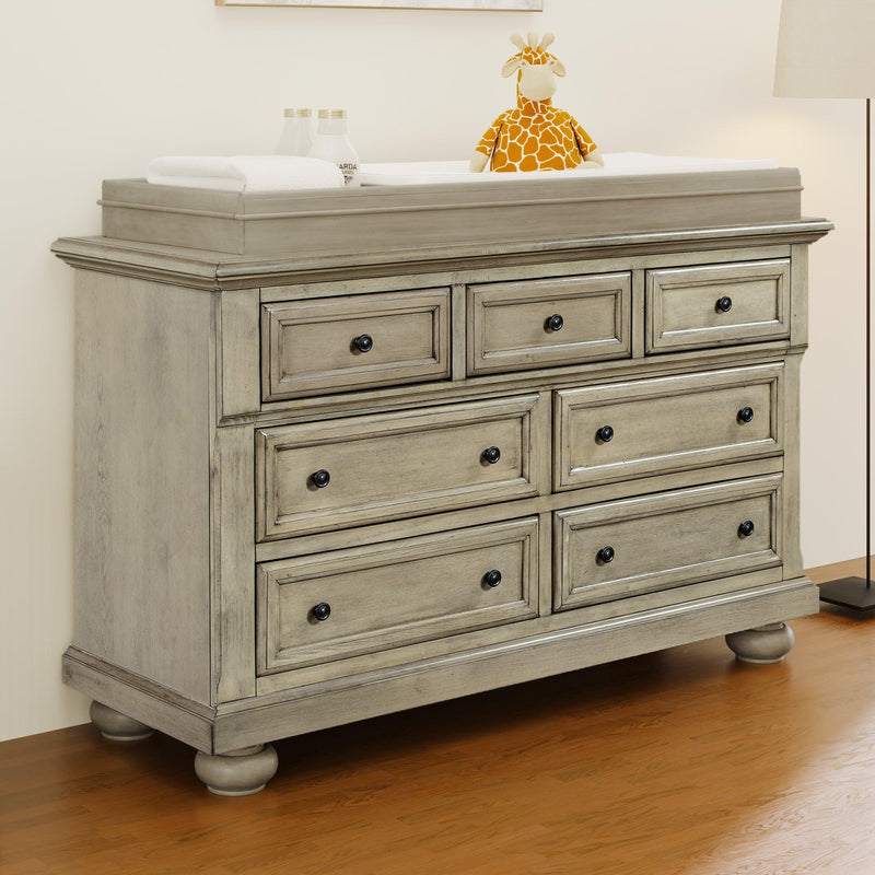 Solid Wood Seven-Drawer Dresser with Changing Topper for Nursery, Kid’s Room, Bedroom, Stone Gray
