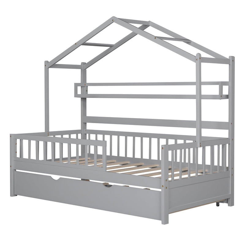 Wooden Twin Size House Bed with Trundle,Kids Bed with Shelf, Gray - Urban Living Furniture (Los Angeles, CA)