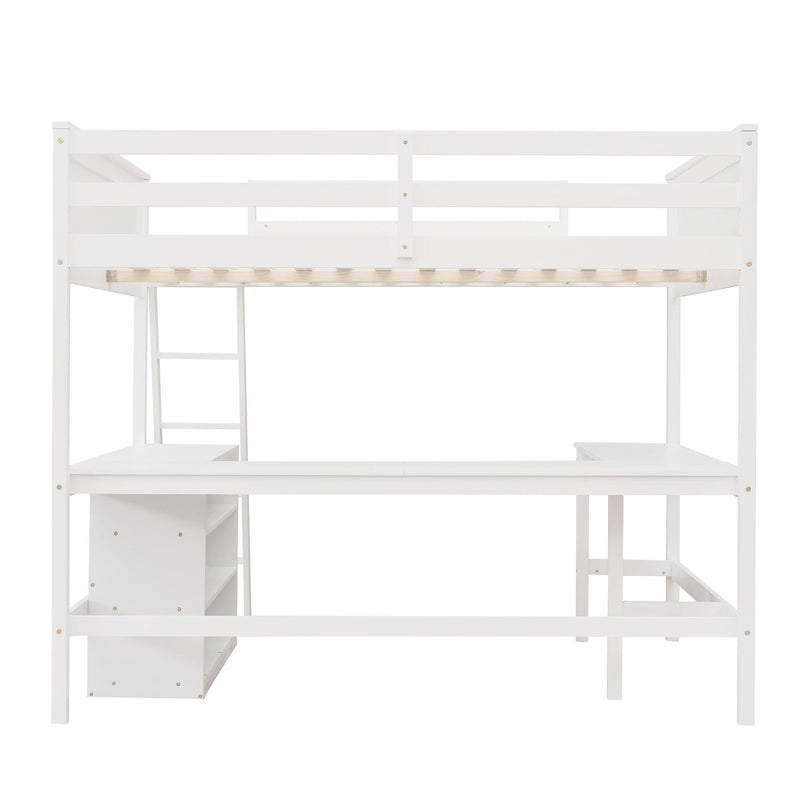 Full size Loft Bed with Shelves and Desk, Wooden Loft Bed with Desk - White - Urban Living Furniture (Los Angeles, CA)