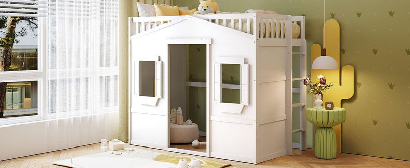 Twin Size House Loft Bed With Ladder-White