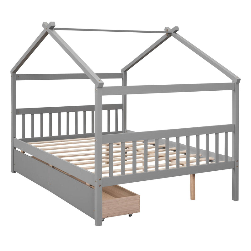 Full Size Wooden House Bed with Drawers, Gray